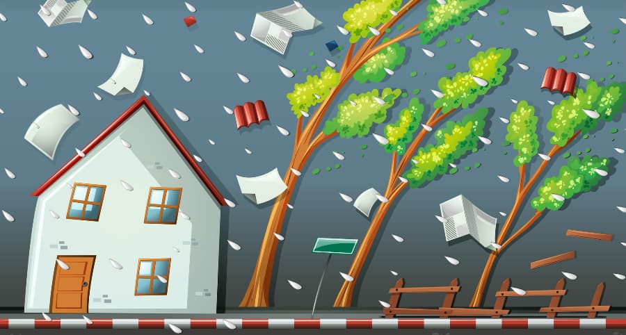 Graphic of a storm impacting a house and the surrounding environs
